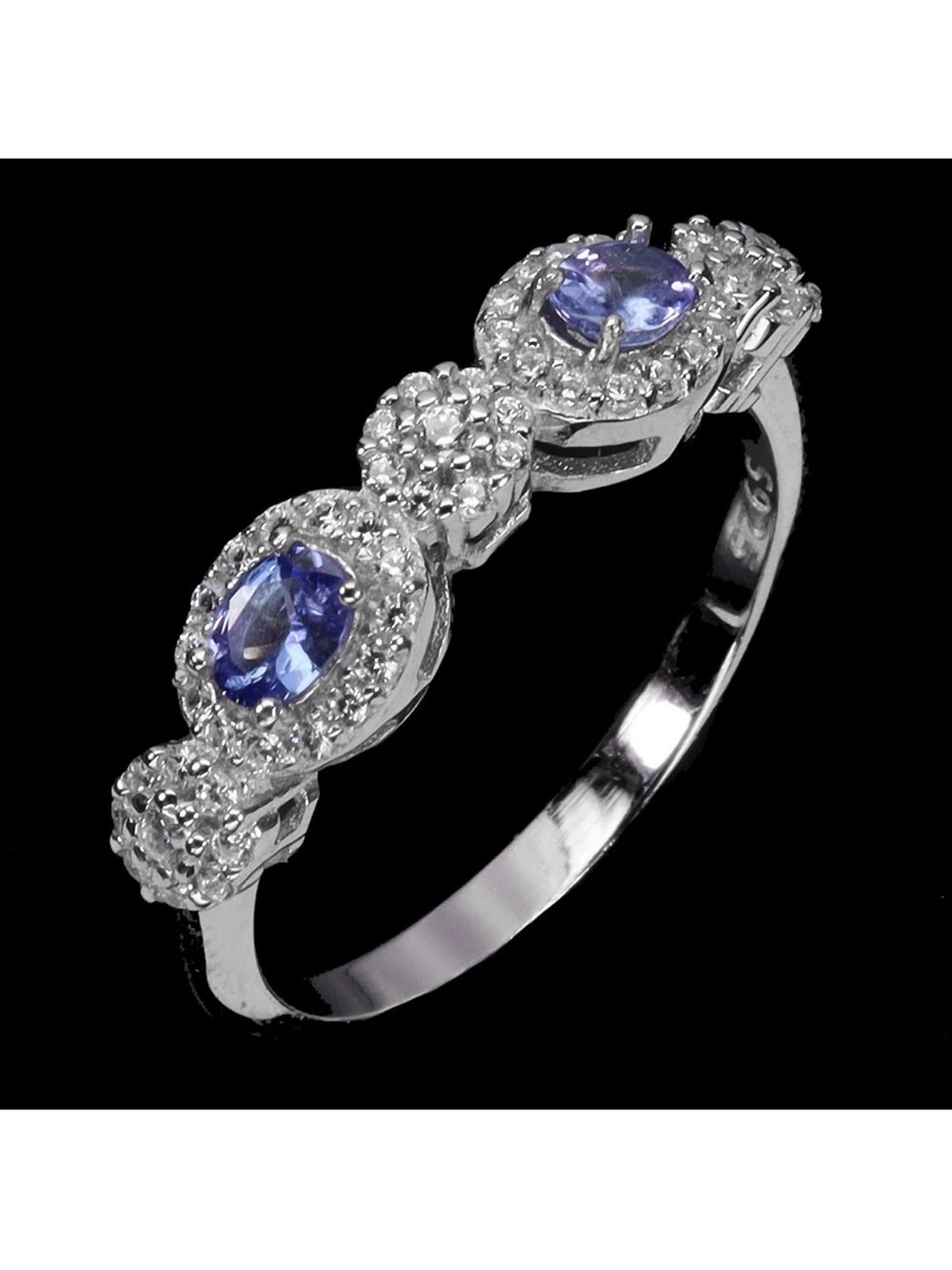 Romantic Natural Blue Tanzanite & Zircon 925 Sterling Silver Ring Size 7